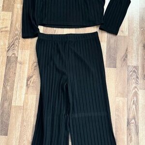 Black Ribbed Women's Pants & Jumpsuit Set